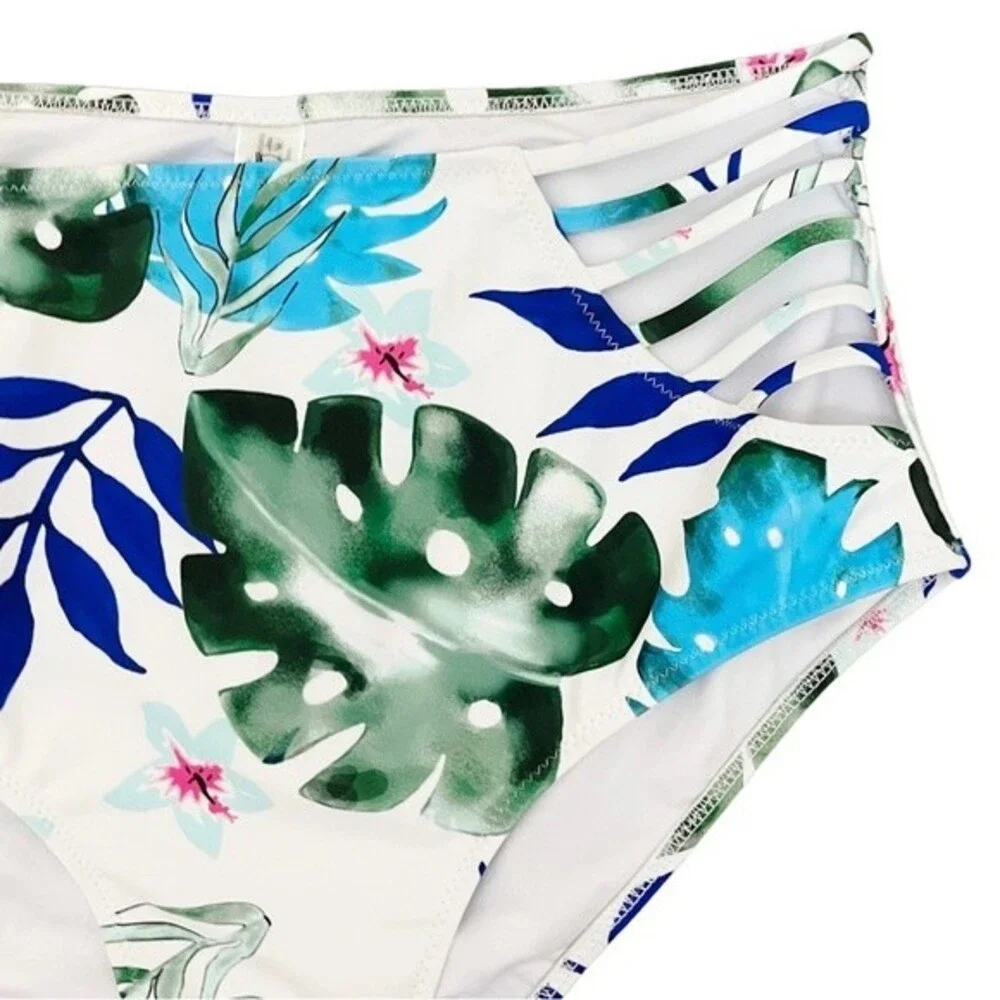NWT Cupshe Two Piece Swimsuit Tropical Floral Cutout Brief Stripe Halter Top XL